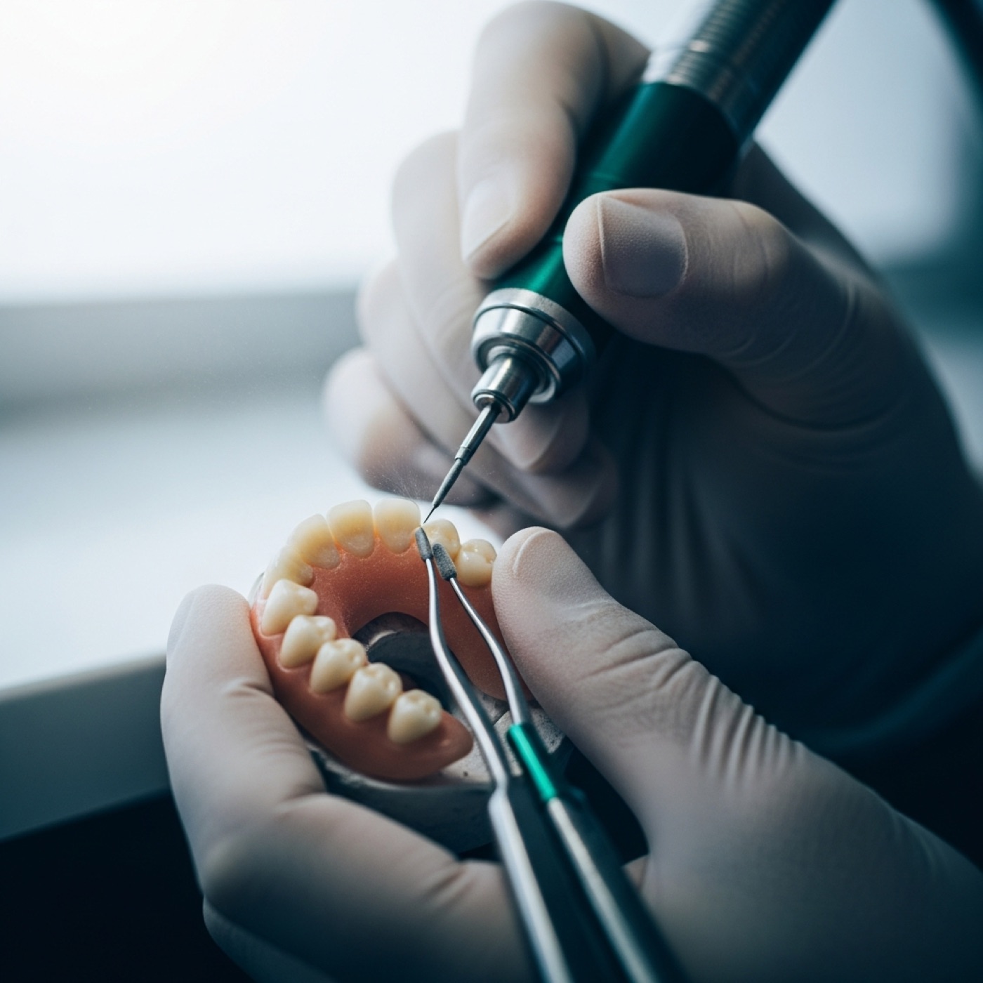 Close macro of a denturist's hands using a fine tool to fit a denture at the Galway clinic