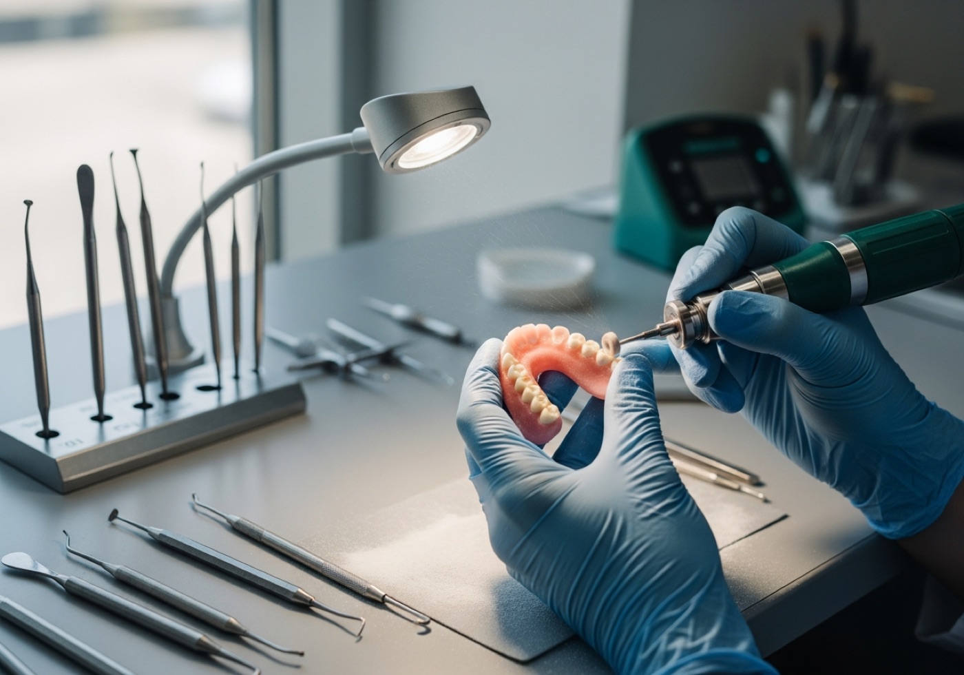 A denturist's gloved hands shaping a custom denture at the Galway lab bench