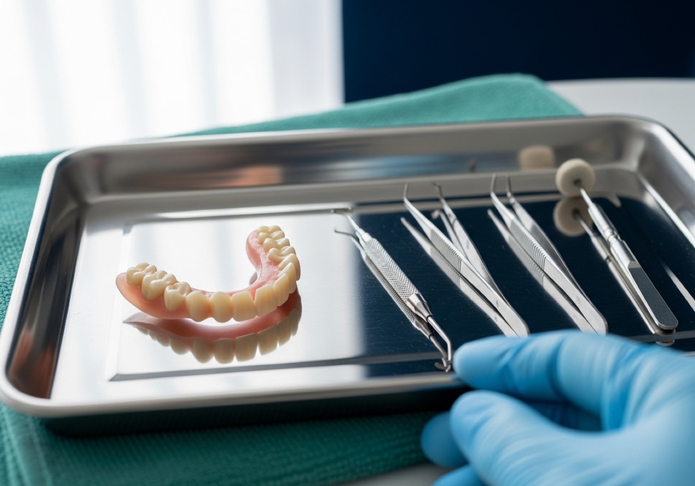 A broken denture on a stainless steel tray beside repair tools at the Galway lab